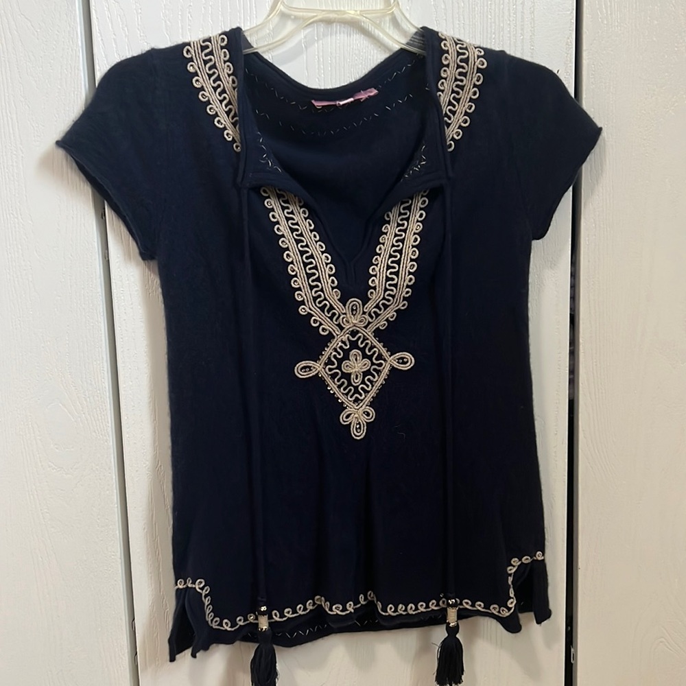 Calypso 100% cashmere short sleeve top stitch BoHo design